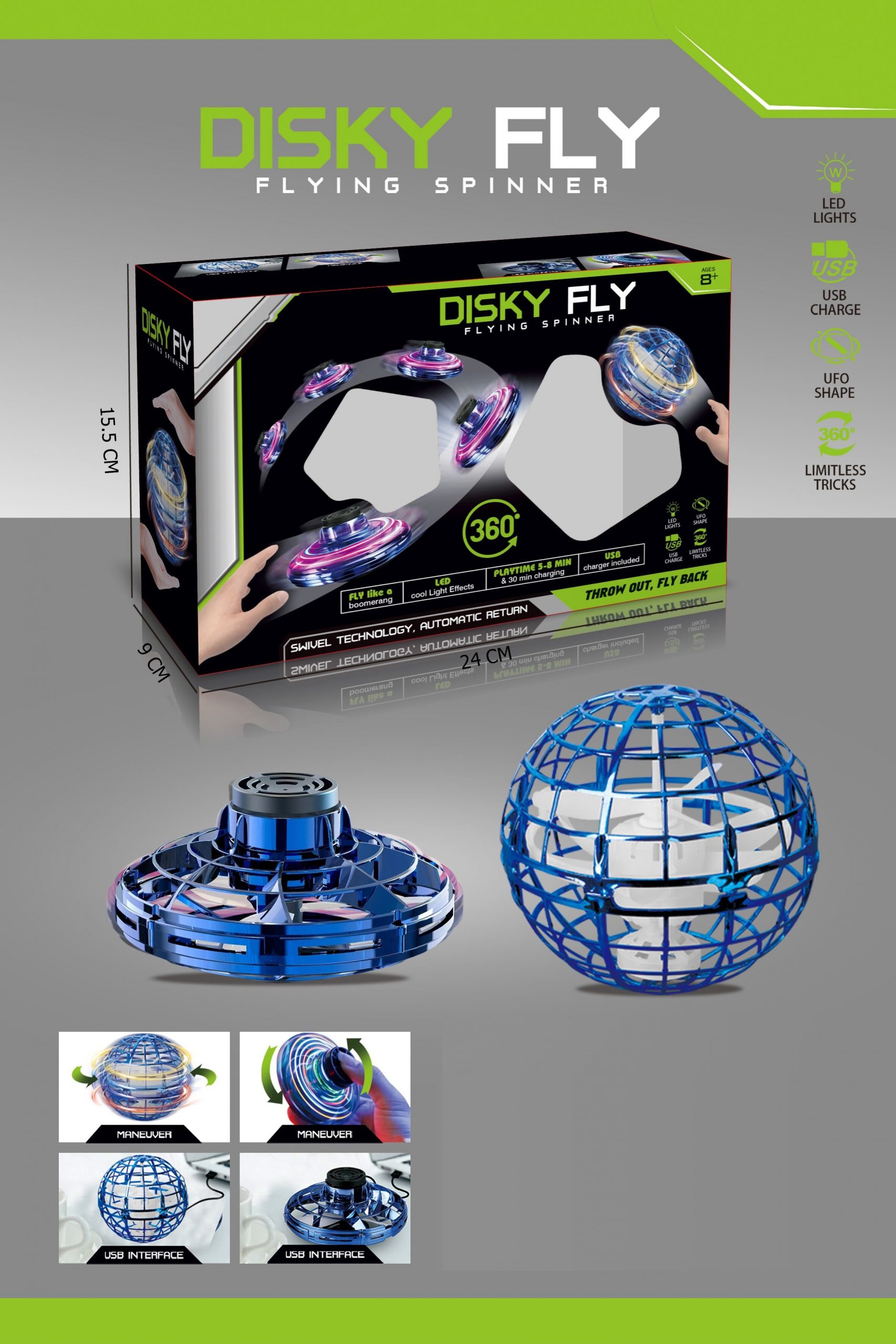 Летающий шар и UFO Flying Ball в подарочной коробке со световыми эффектами  USB 3.7V 123649 синий/синий